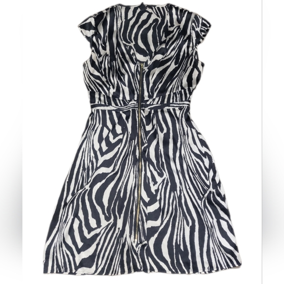 NWOT H&M SILKY DRESS ZEBRA STRIPE FULL ZIP FRONT CLOSURE CAP SLEEVE EMPIRE WAIST - Picture 2 of 7